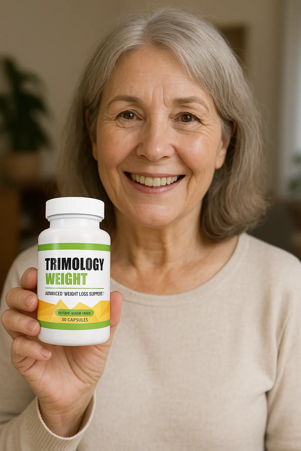 Trimology supplement woman holding bottle natural weight loss